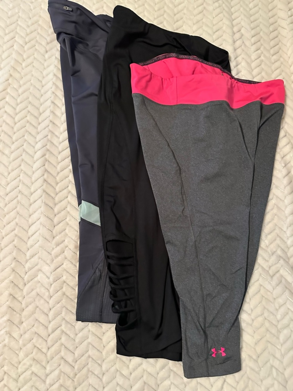3 pair bundle- Gray Leggings with Pink Waistband & Black and gray crop leggings
